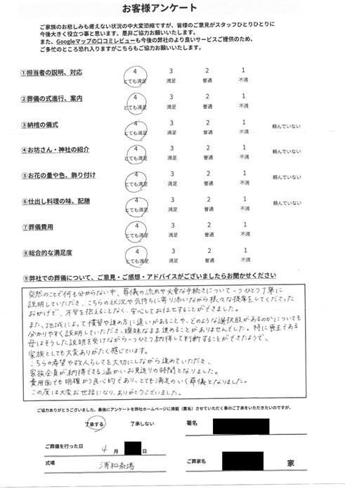 浦和斎場にて告別式 さいたま市北区植竹町のお客様より葬儀後のアンケートいただきました