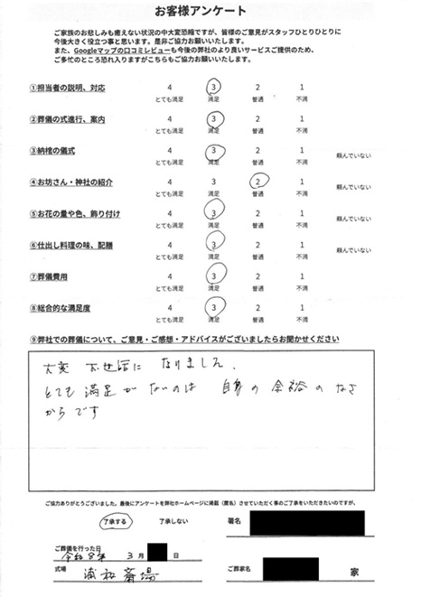 浦和斎場にて告別式　さいたま市南区南浦和のお客様より葬儀後のアンケートいただきました