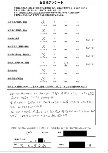 お客様からいただいた実際のアンケート