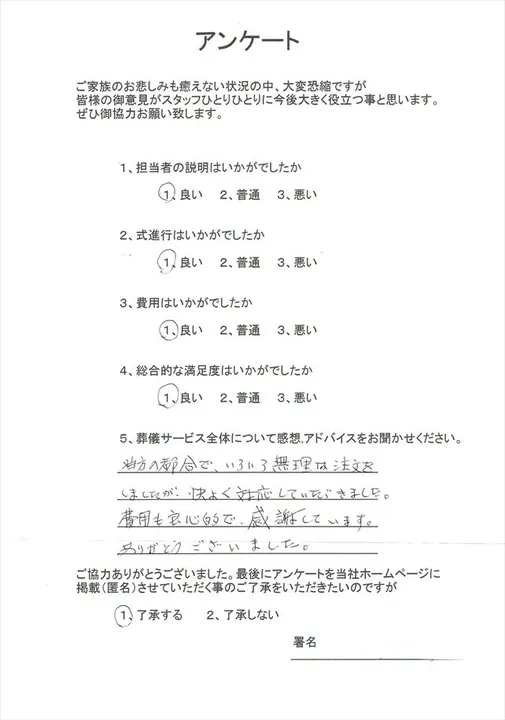 お客様からいただいた実際のアンケート