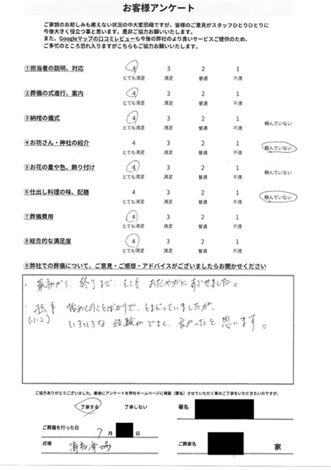 お客様からいただいた実際のアンケート
