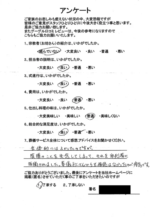 お客様からいただいた実際のアンケート