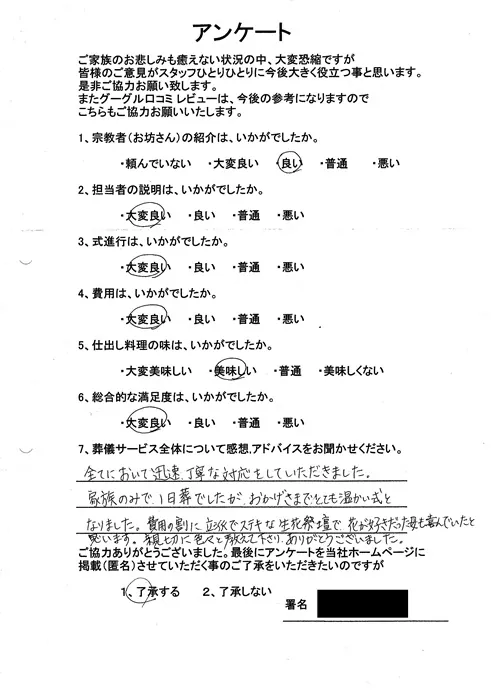 お客様からいただいた実際のアンケート
