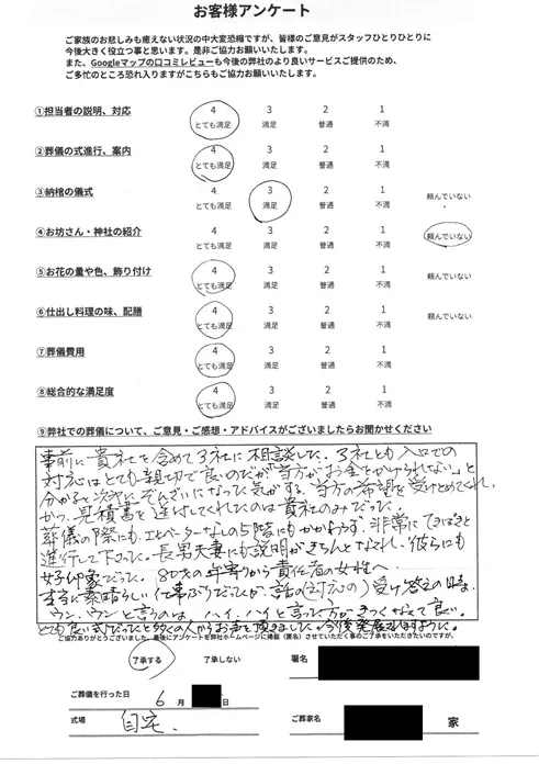 お客様から寄せられた葬儀後アンケート(画像1)