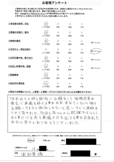 浦和斎場にて告別式 さいたま市大宮区三橋のお客様より葬儀後のアンケートいただきました。