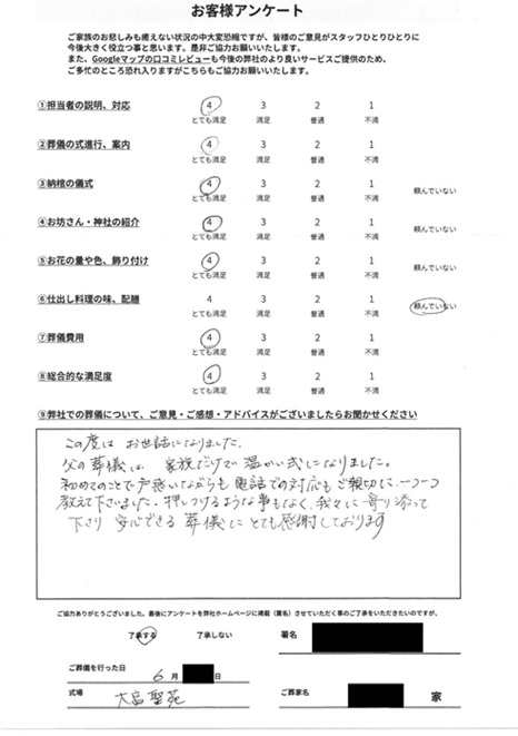 大宮聖苑にて火葬式 さいたま市中央区下落合のお客様より葬儀後のアンケートいただきました。