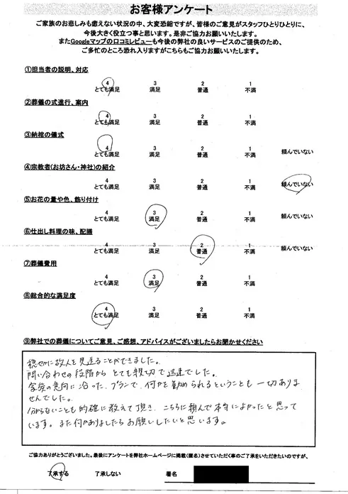 お客様からいただいた実際のアンケート