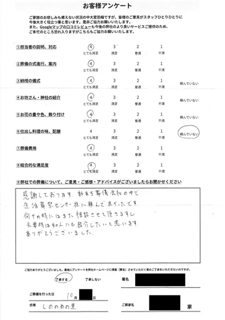 お客様からいただいた実際のアンケート