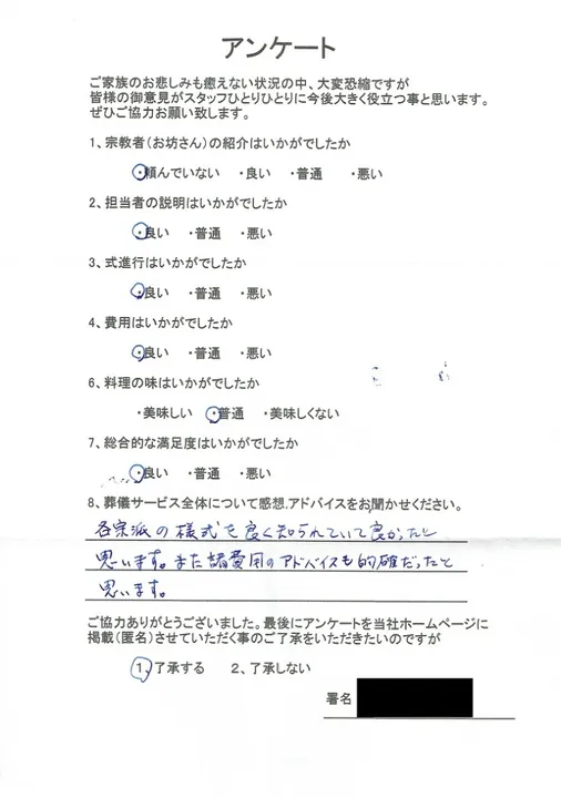 お客様からいただいた実際のアンケート