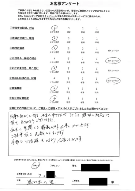 お客様からいただいた実際のアンケート