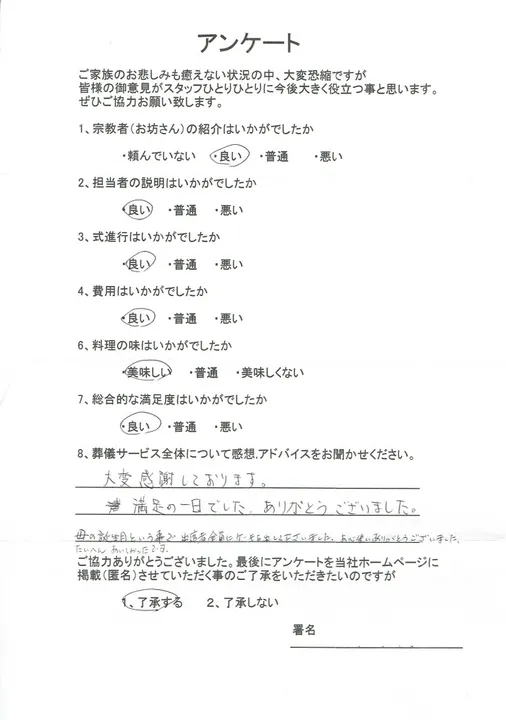 お客様からいただいた実際のアンケート