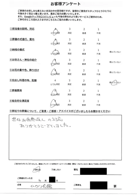 お客様から寄せられた葬儀後アンケート(画像1)