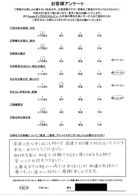 大宮聖苑にて火葬式 さいたま市見沼区南中野のお客様より葬儀後のアンケートいただきました。