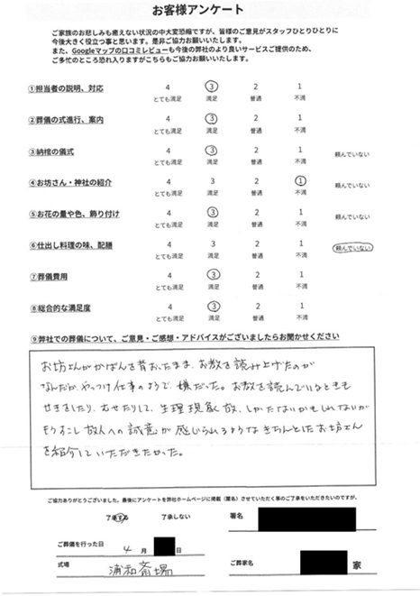 浦和斎場にて火葬式　さいたま市南区文蔵のお客様より葬儀後のアンケートいただきました