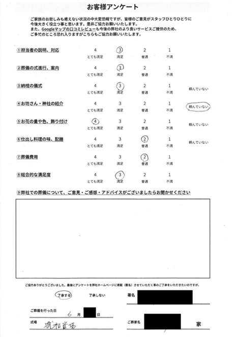 浦和斎場にて告別式 さいたま市中央区上峰のお客様より葬儀後のアンケートいただきました。