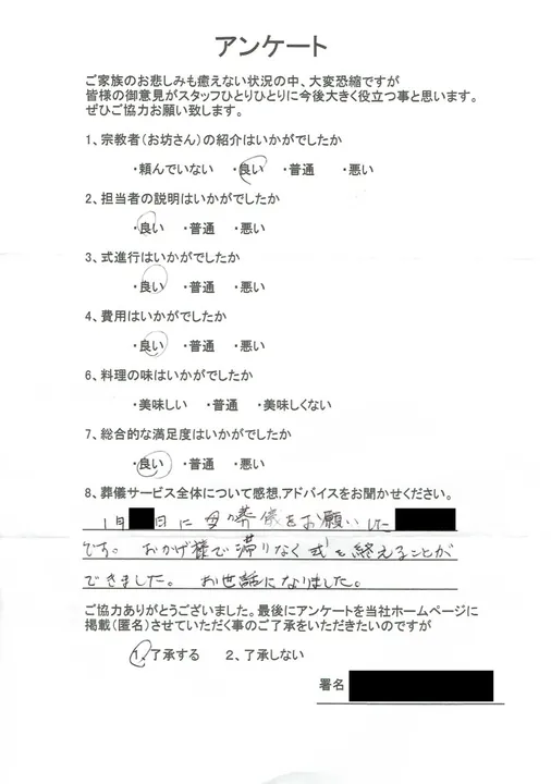 お客様からいただいた実際のアンケート