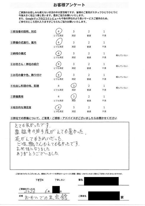 思い出の里会館にて告別式　さいたま市大宮区北袋町のお客様より葬儀後のアンケートいただきました