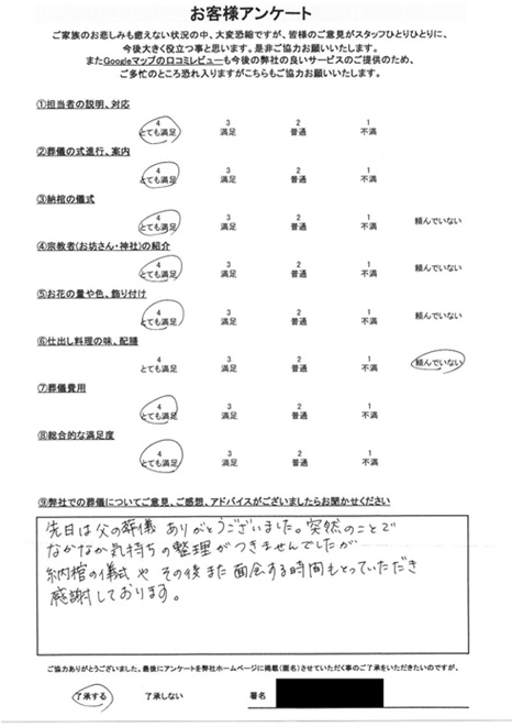 浦和斎場にて火葬式 さいたま市桜区大久保領家のお客様より葬儀後のアンケートいただきました。