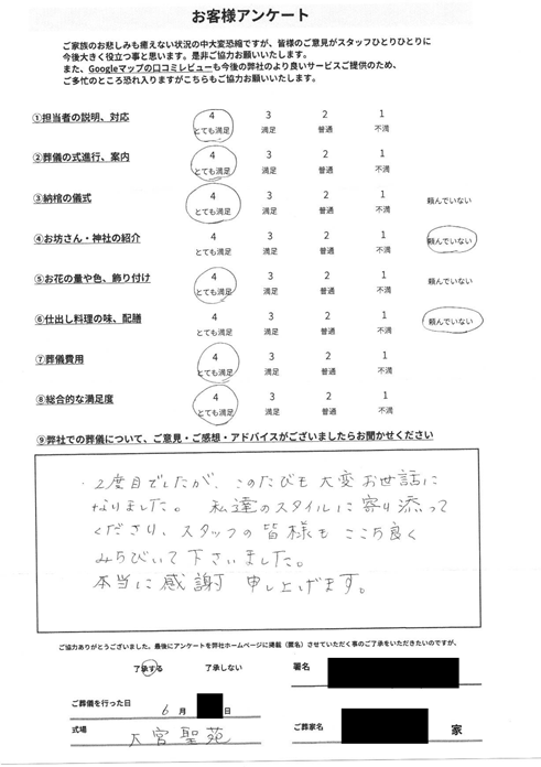 大宮聖苑にて火葬式 さいたま市南区辻のお客様より葬儀後のアンケートいただきました
