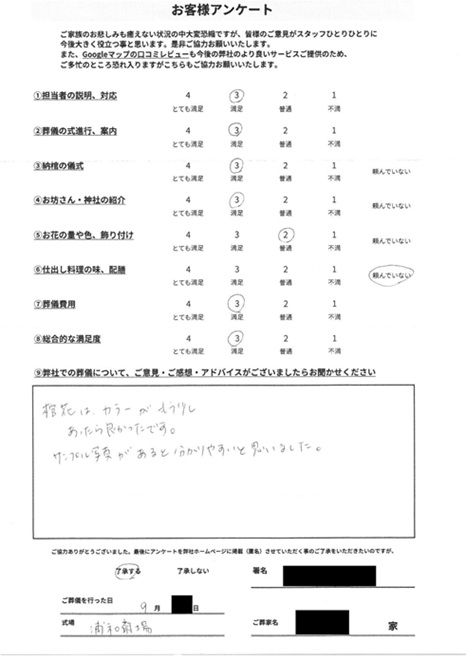 浦和斎場にて火葬式 さいたま市見沼区島町のお客様より葬儀後のアンケートいただきました。