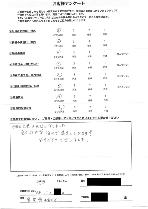 法要ルームにて一日葬　さいたま市岩槻区金重のお客様より葬儀後のアンケートいただきました