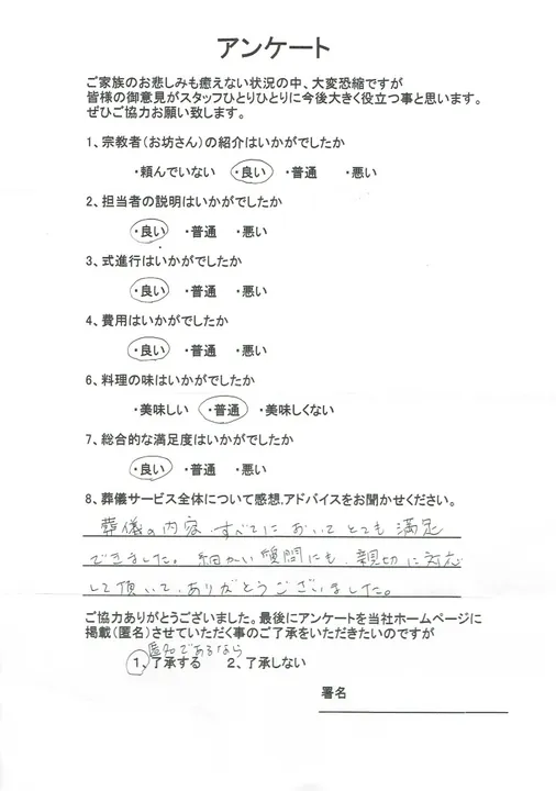 お客様からいただいた実際のアンケート