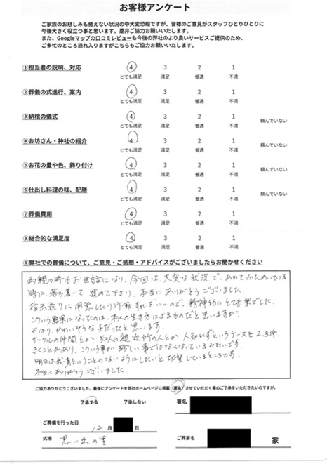 思い出の里会館にて告別式　埼玉県川口市のお客様より葬儀後のアンケートいただきました。