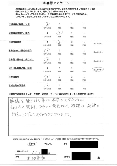 浦和斎場にて火葬式　さいたま市中央区八王子のお客様より葬儀後のアンケートいただきました。