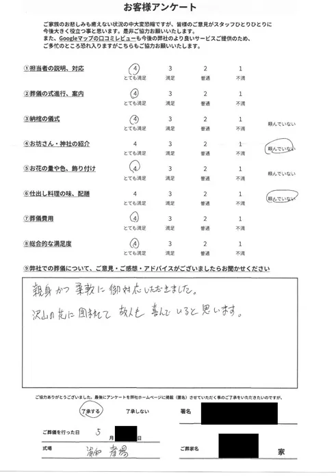 お客様から寄せられた葬儀後アンケート(画像1)