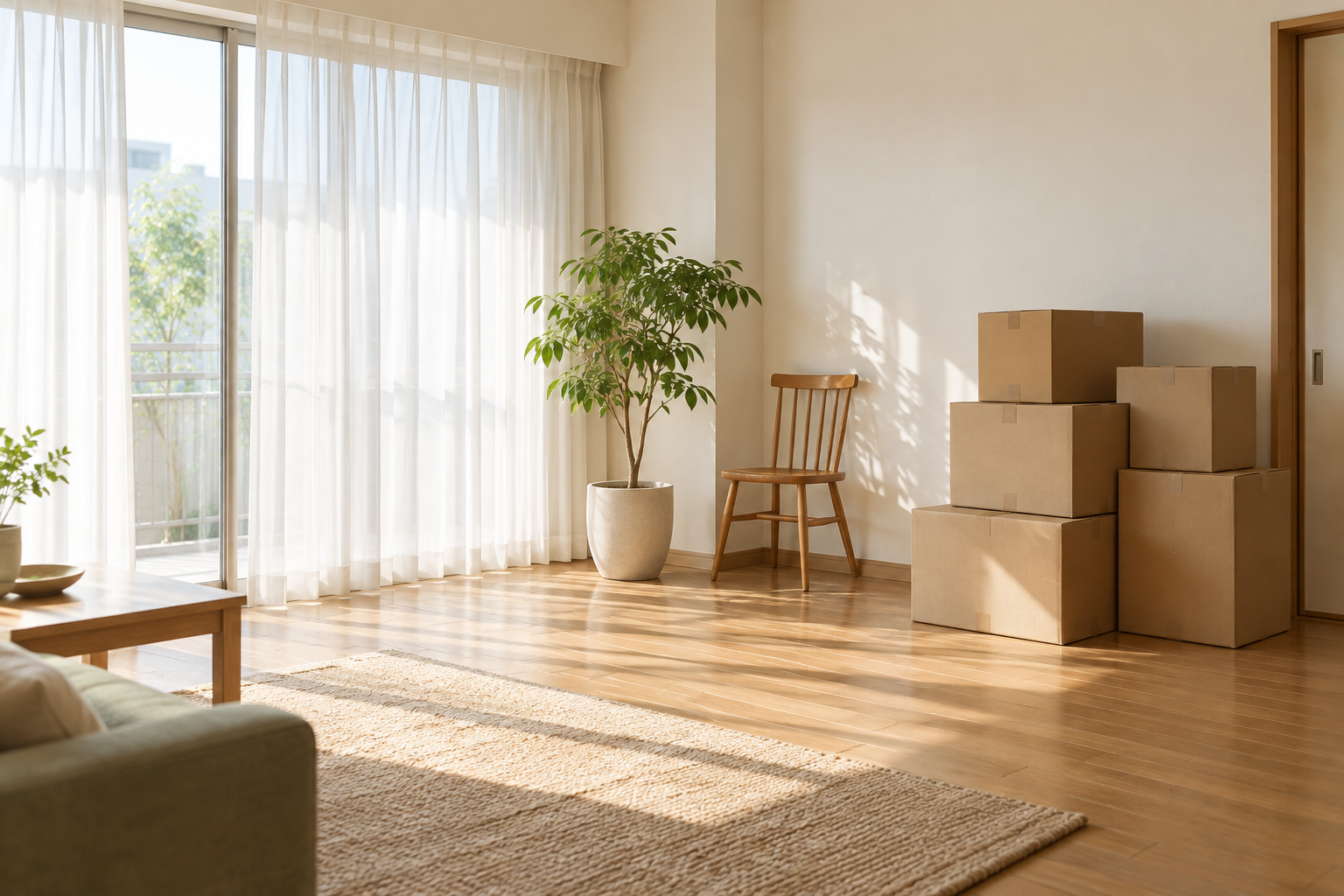 整理を終え、荷物をまとめた明るい住まいのイメージ