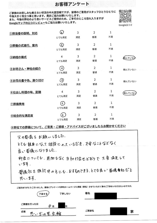 思い出の里会館にて一日葬 東京都台東区のお客様より葬儀後のアンケートいただきました｜2026年8月
