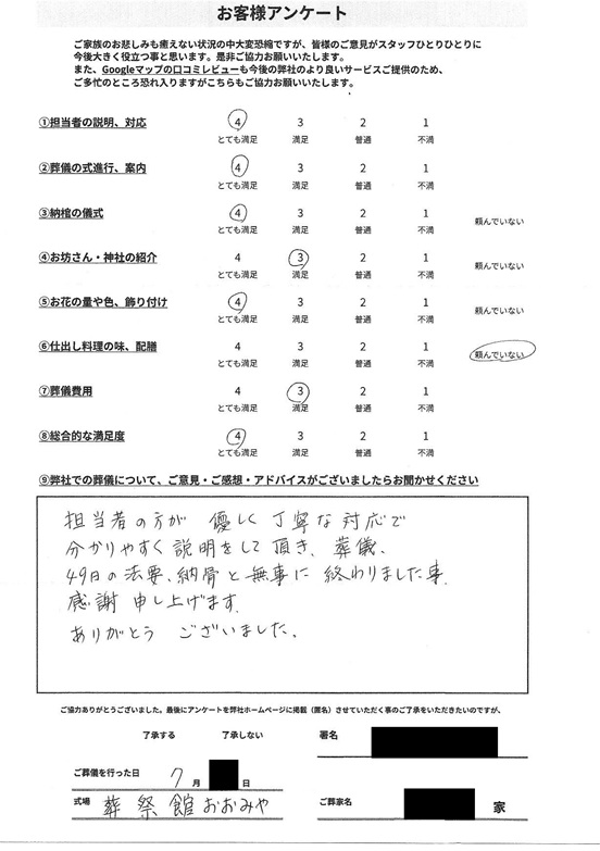 お客様から寄せられた葬儀後アンケート(画像1)